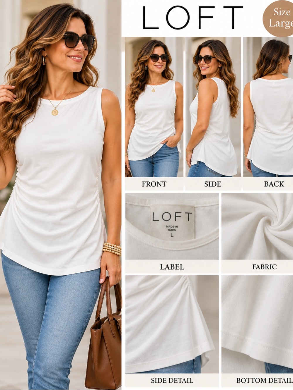 LOFT White Sleeveless Ruched Side Tank Top